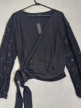 Adiva Black Wrap Top Lace Sleeve Tie Waist Cropped Blouse Size M